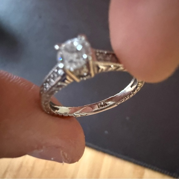 14K White Gold Round Cut Diamond Pavé Engagement Ring - Picture 2 of 7